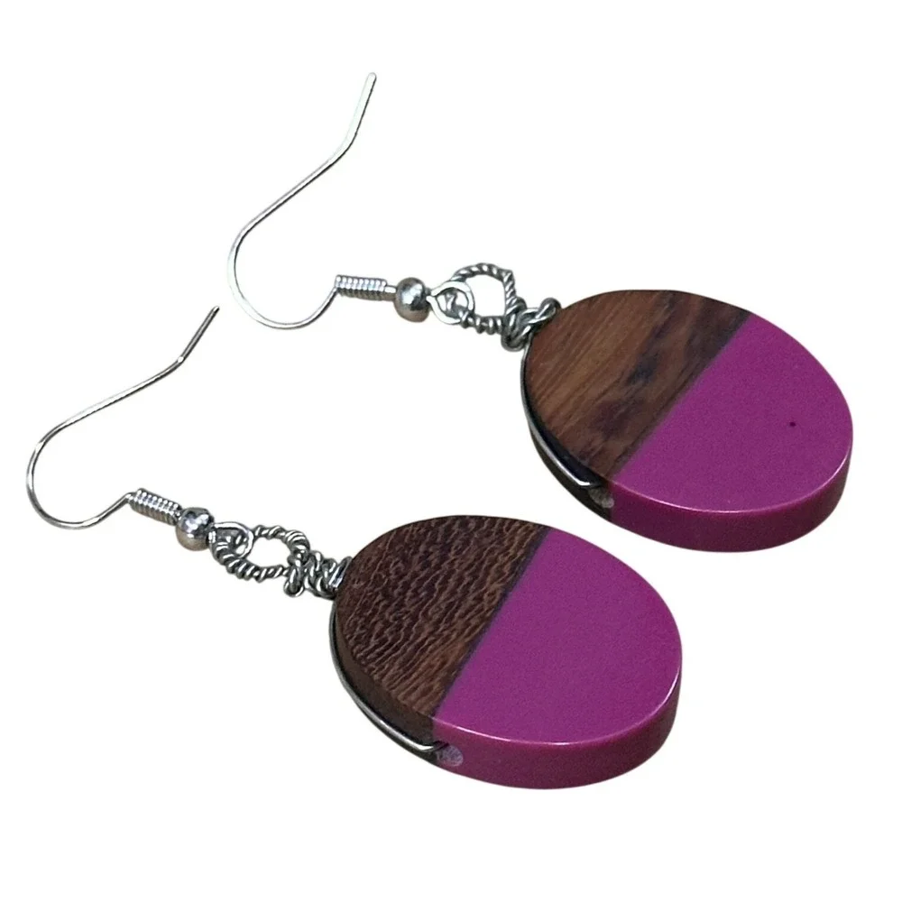 Handcrafted Wood and Magenta Resin‎ Oval Drop Earrings Silver Hook Dangle Boho